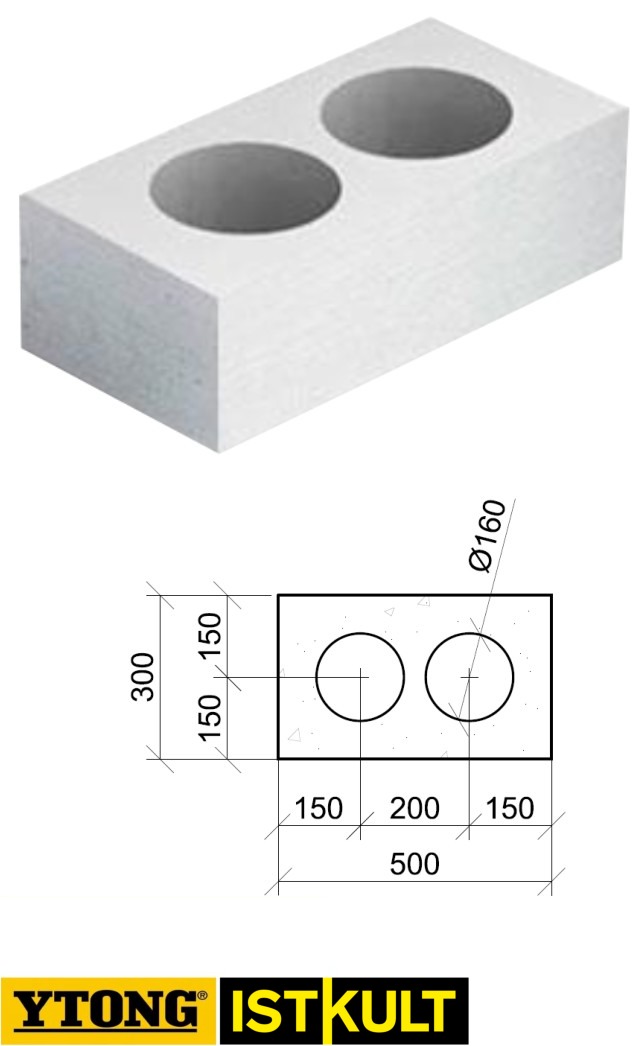 Блок газобетонный Ytong О-блок 2-пустотный D500кг/м3 500*375*250 2d=160мм В3,5